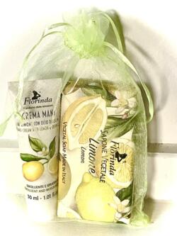 Sanselig Citron-Gave håndcreme i taskestørrelse 30 ml og 100 g lækker håndsæbe italiensk/vegetabilsk i sød organza gavepose