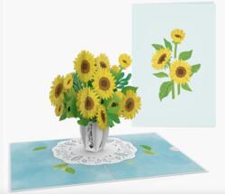Håndlavet Pop up kort Solsikker i vase på dug 12/17,5 cm foldet + kuvert - fra tysk firma