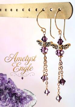Ametyst Engle Øreringe 18 K forgyldt og med swarovski krystaller Længde 6 cm