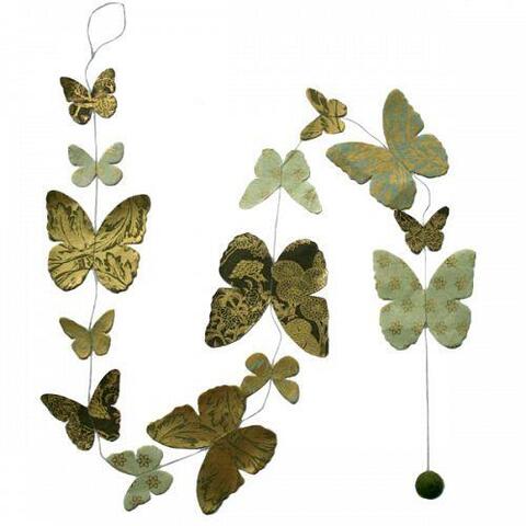 Meditationsguirlande Håndlavet 14 sommerfugle grøn/natur med guld 1,5 meter lang 