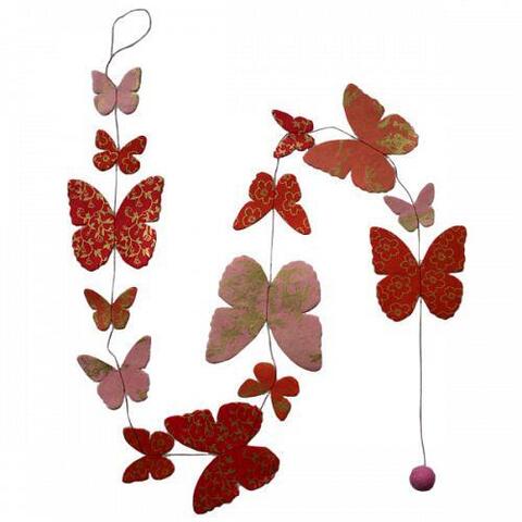 Håndlavet meditations-guirlande 14 sommerfugle i rødlige nuancer med guld 1,5 meter