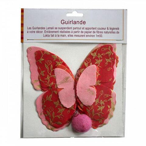 Håndlavet meditations-guirlande 14 sommerfugle i rødlige nuancer med guld 1,5 meter i fin gavepose