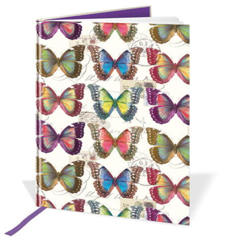 A5 Smuknotesbog med vintage sommerfugle   linjeret og med lavendelfarvet læsebånd og lilla indersider i cellofan med bånd