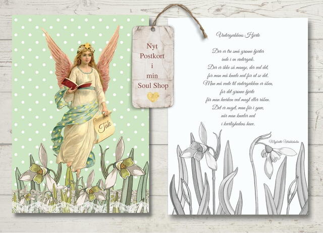 Vintergækkens hjerte lille klassisk postkortstørrelse A6 collage med digt på bagsiden 2 stk med kuverter