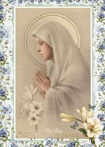 Our Lady med liljer og Hjertet bag Hjertet-digt 2 A6 kort med kuverter klassisk postkortstørrelse