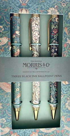 3 elegante William Morris kuglepenne klare grønlige  farvenuancer (sort blæk) i gaveæske -  patron kan udskiftes (bæredygtige) 