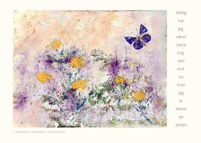 Kunstkort 2 stk store A5 kort med kuverter Maleri og tekst af Lawrence blå sommerfugl i landskab af gule blomster 