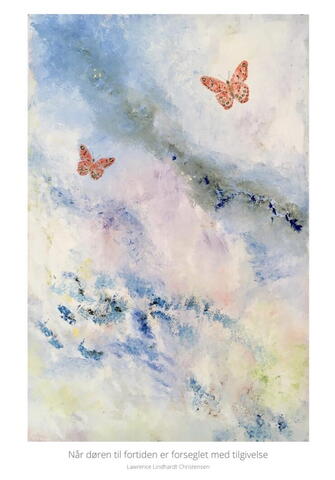 Kunstkort 2 store A5 kort med kuverter Maleri og tekst af Lawrence orange sommerfugle på blå himmel