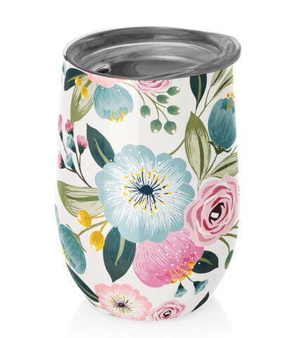 Termokrus "Akvarel - blomster" i gaveindpakning 420 ml bæredygtigt uden giftstoffer - holder varmt i tre timer - til skrivebordet eller til at have med i haven. Dette mønster går hele vejen rundt på koppen.