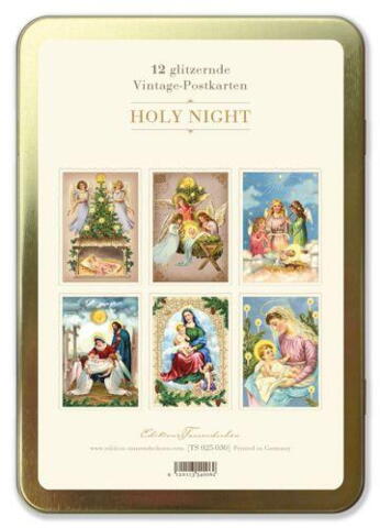 Holy Night Vintage metalæske med klassiske glansbilledpostkort (glimmer) med motiver af Den Hellige Nat