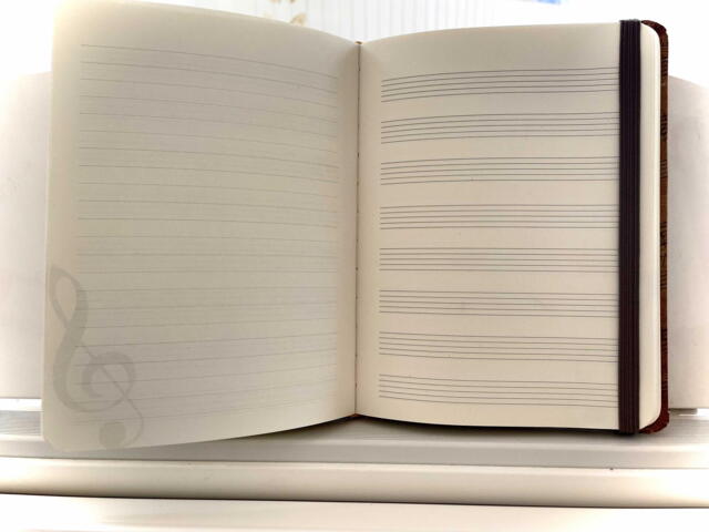 MUSIC LOVE Notesbog hardcover med linjerede sider til tekster og nodelinjer til melodier 16 x 21 cm 160 sider (syrefrit papir) pakkes i smukt håndlavet gavepapir med noder