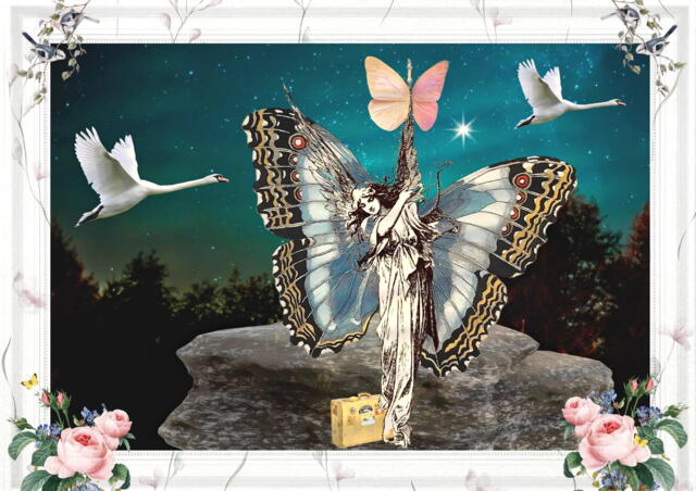 2 stk A6 collage-kort med kuverter Sommerfuglen i den sorte sten