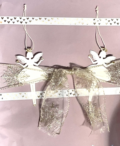 5 Papirklip-Engle med glimtende hjerter  i en fin gavepose med sløjfe (hver engel er i sin egen lille cellofan-pose)