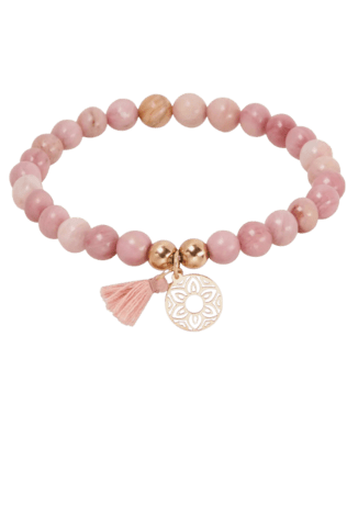 Kærligheds-Armbånd Thulit-sten på elastik med lille forgyldt mandala-blomst