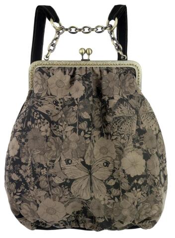 Håndsyet/håndtrykt blød stof-rygtaske økologiske materialer farve: Kul/Beige højde 32 cm bredde forneden 30 cm låsen måler 20 cm i bredden 