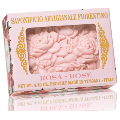 Sæbe som lille kunstværk vegetabilsk/italiensk håndlavet 125 g i smuk æske med guldtryk ROSE