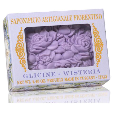 Sæbe som et lille kunstværk vegetabilsk/italiensk/håndlavet 125 g i smuk æske med guldtryk WISTERIA