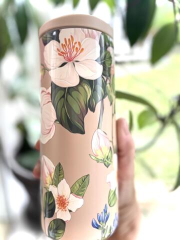 Slankt Termokrus med skydelåg "Vintage blomster" 350 ml til rejsen holder varmt op til 10 timer