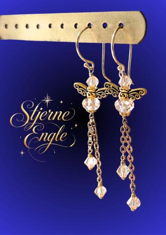 Stjerne-Engle  Øreringe 18 K forgyldt og med swarovski krystaller NATUR Længde 6 cm