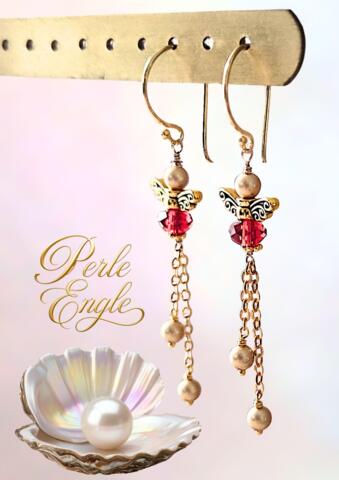 Perle Engle Øreringe (Veganske gyldne perler) 18 K forgyldt og med swarovski krystaller Længde 6 cm