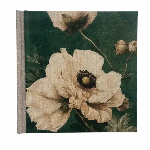 HÅNDLAVET NOTESBOG ANEMONE 20/20 cm uden linjer med stof-omslag og tekstiltryk UDEN LINJER