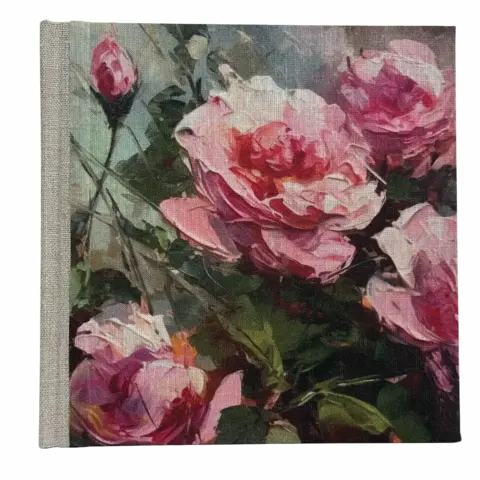 HÅNDLAVET NOTESBOG PINK ROSE 20/20 cm med stof-omslag og tekstiltryk UDEN LINJER