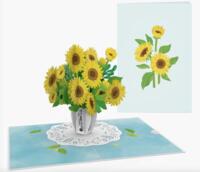Håndlavet Pop up kort Solsikker i vase på dug 12/17,5 cm foldet + kuvert - fra tysk firma